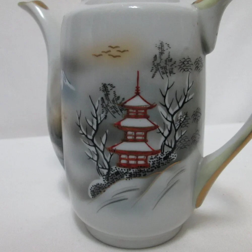 Vintage Porcelain Teapot with Spout Hand-painted Japanese Village 7